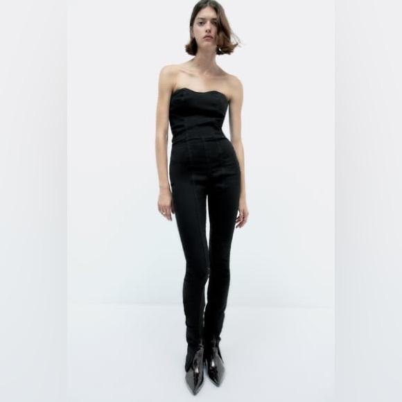 New Zara Strapless Black Denim TRF Stretchy Jumpsuit Small Medium 8197/249 - Picture 3 of 13